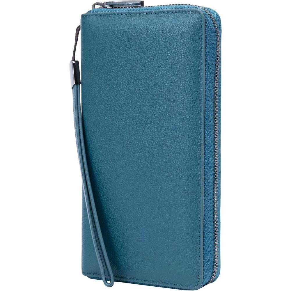 NWT ~ Large Teal Blue Zip Around Leather RFID Blocking Wallet Clutch Wristlet